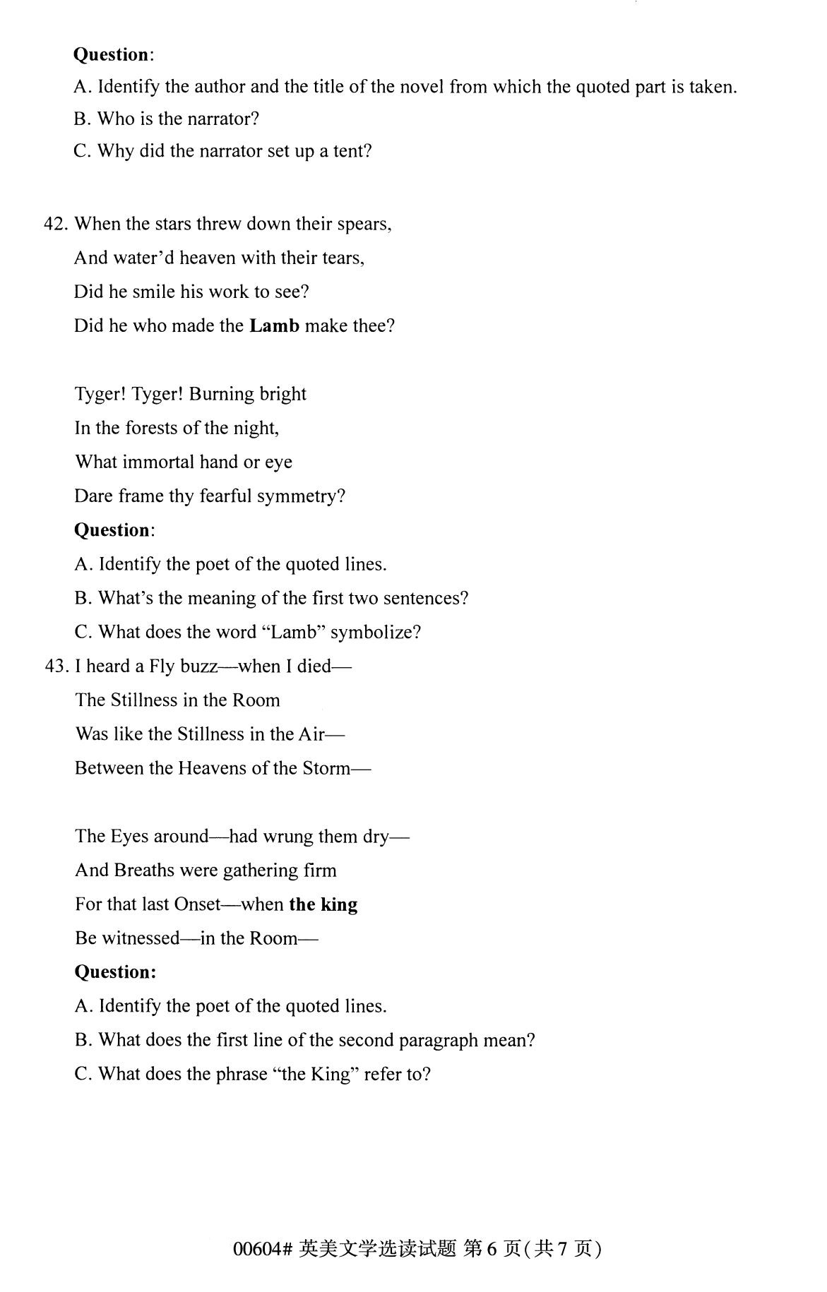 全国2020年8月自考00604英美文学选读(本科)